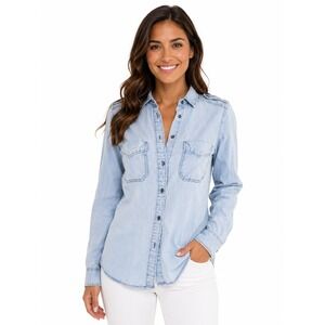 Express Boyfriend Light Wash Denim Chambray Button Down Shirt Women XXS Blue